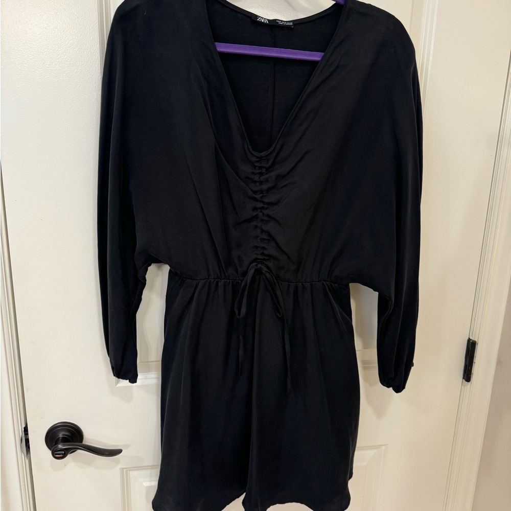 Zara Black Ruched V-Neck Dress with Dolman Sleeves